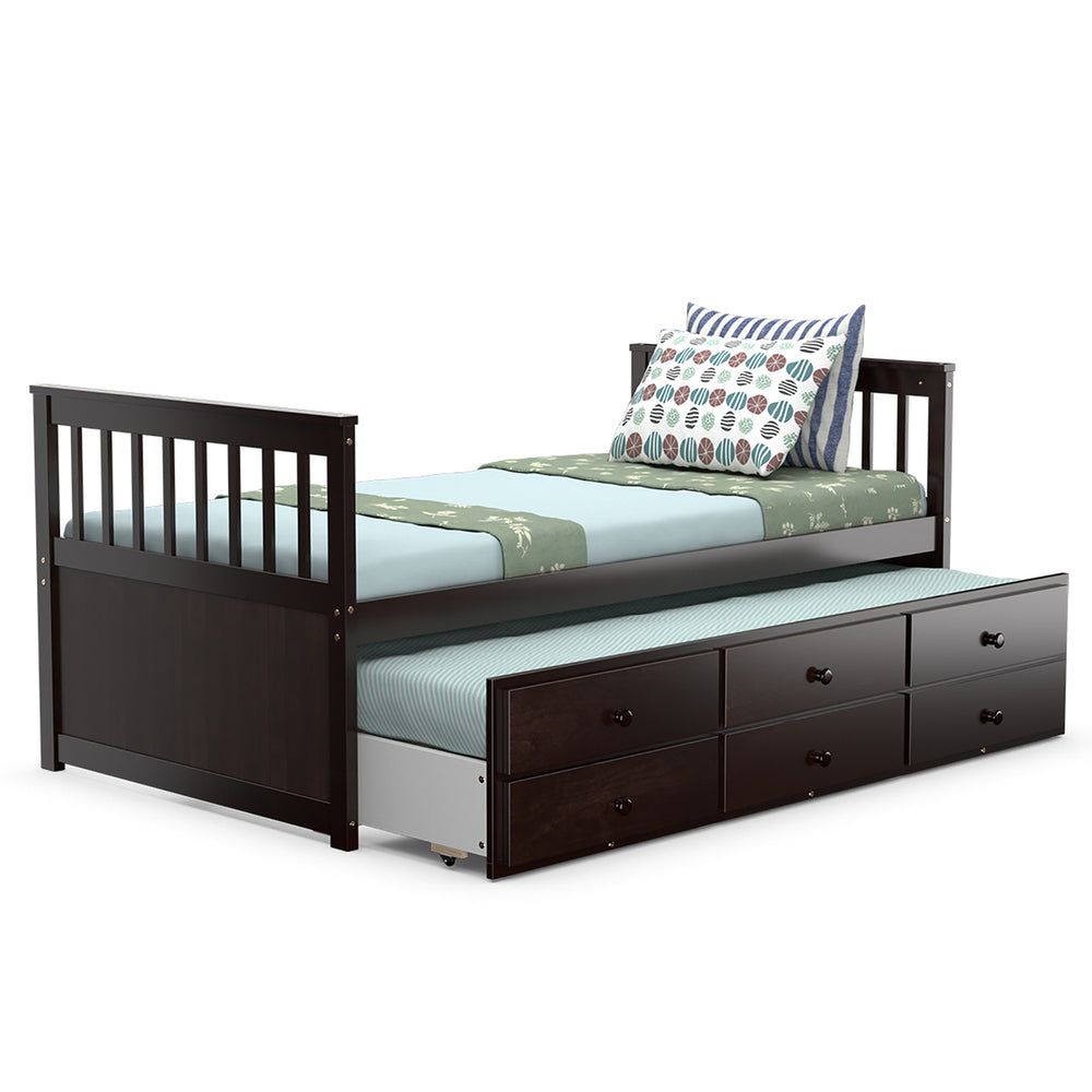 Twin Captains Bed Bunk Bed Alternative w/ Trundle and Drawers for Kids WalnutEspressoWhite Image 2
