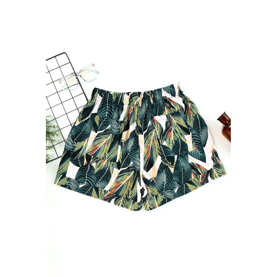 Womens Green Leaves Print Drawstring Casual Elastic Waist Pocketed Shorts Image 1
