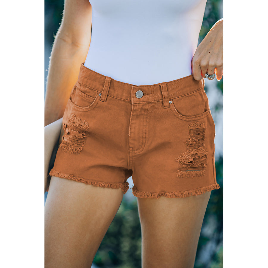 Womens Orange Distressed Tasseled Denim Shorts Image 1