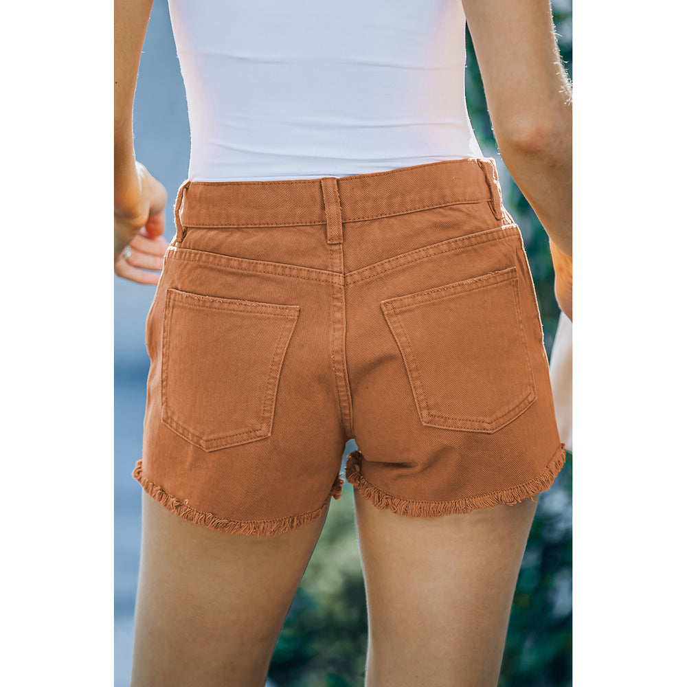 Womens Orange Distressed Tasseled Denim Shorts Image 2