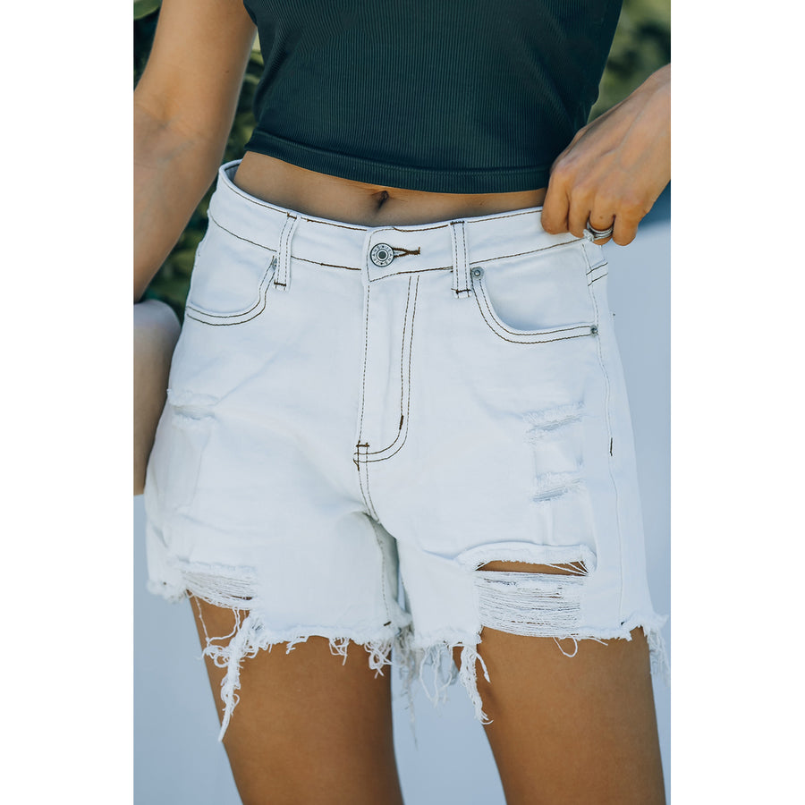 Womens White Frayed High Waist Denim Shorts Image 1