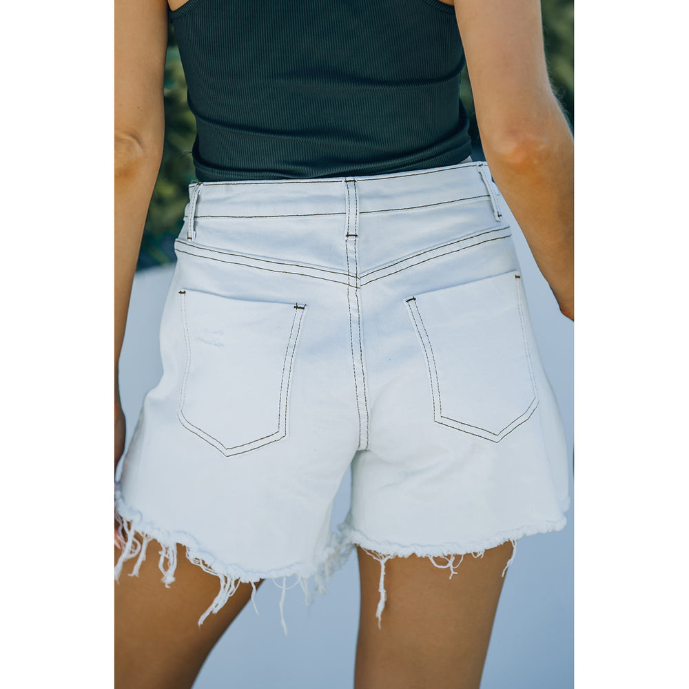 Womens White Frayed High Waist Denim Shorts Image 2