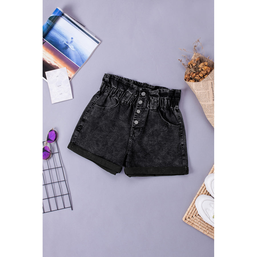 Womens Black Ruffled High Waist Buttoned Denim Shorts Image 1