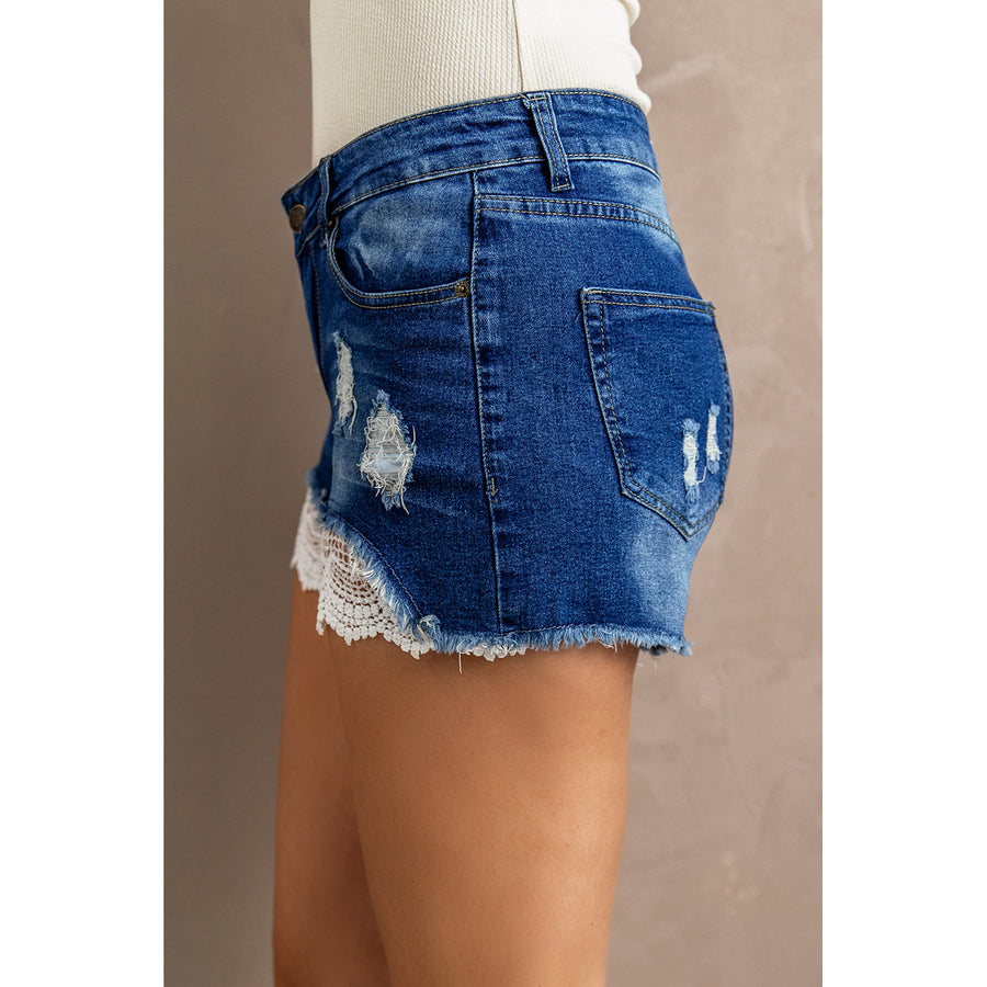 Womens Lace Splicing Distressed Denim Shorts Image 1