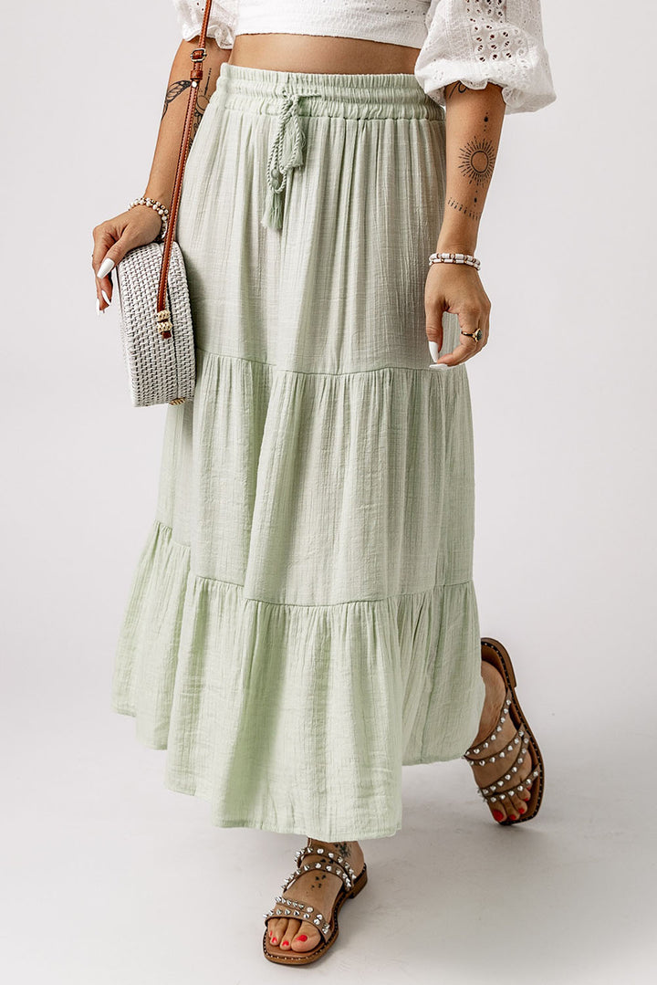 Womens Green Drawstring High Waist Tiered Long Skirt Image 3