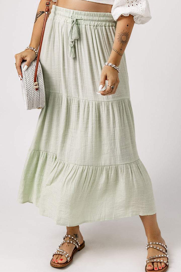Womens Green Drawstring High Waist Tiered Long Skirt Image 4