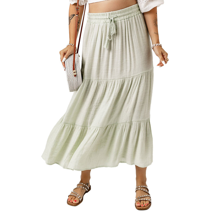 Womens Green Drawstring High Waist Tiered Long Skirt Image 6