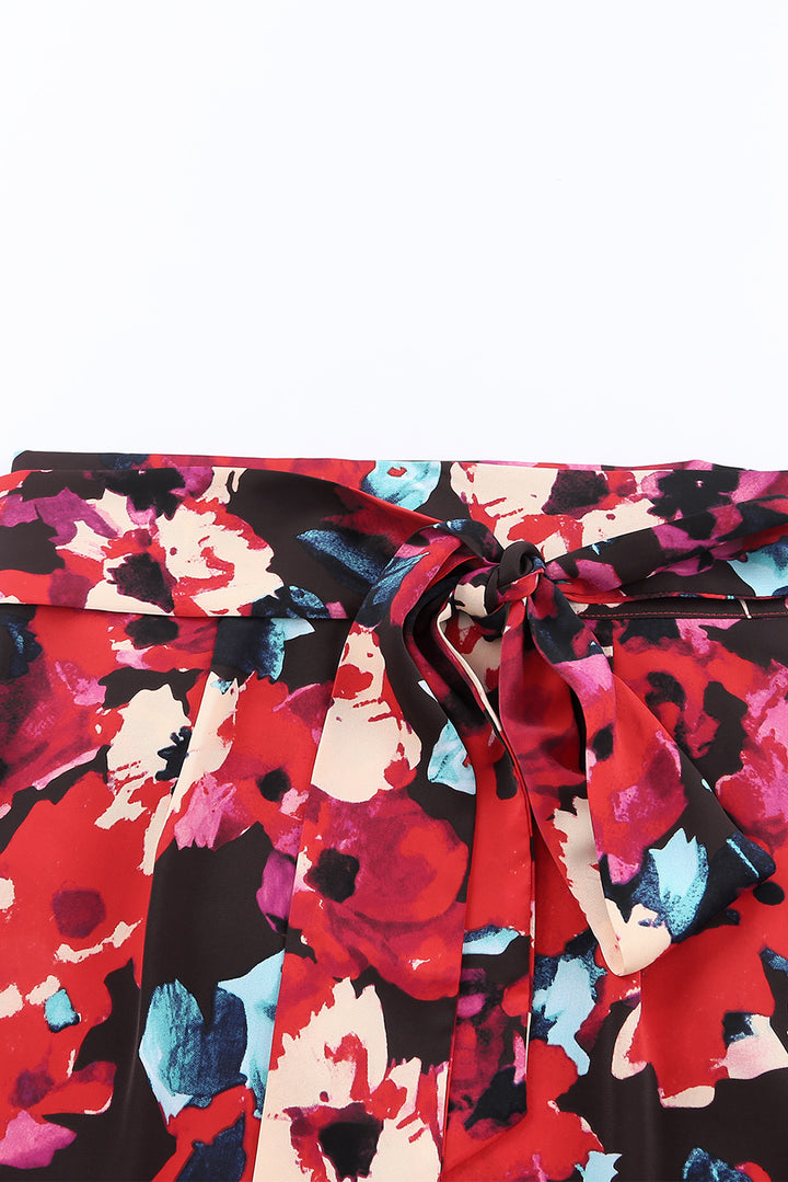 Womens Red Floral Wrap Midi Skirt Image 3