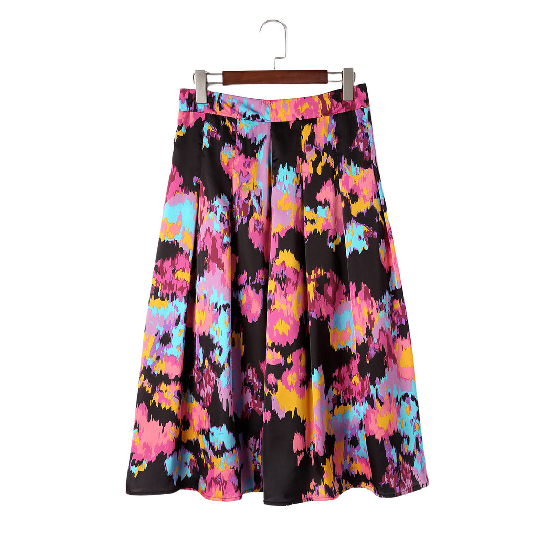 Womens Black Abstract Floral Print Pleated Slit Skirt Image 8