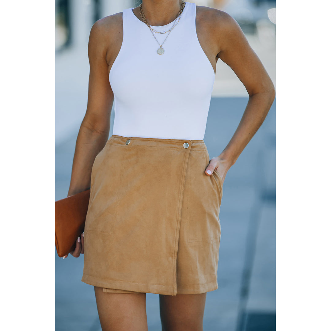 Womens Khaki Solid Color Wrap Mini Skirt Image 4