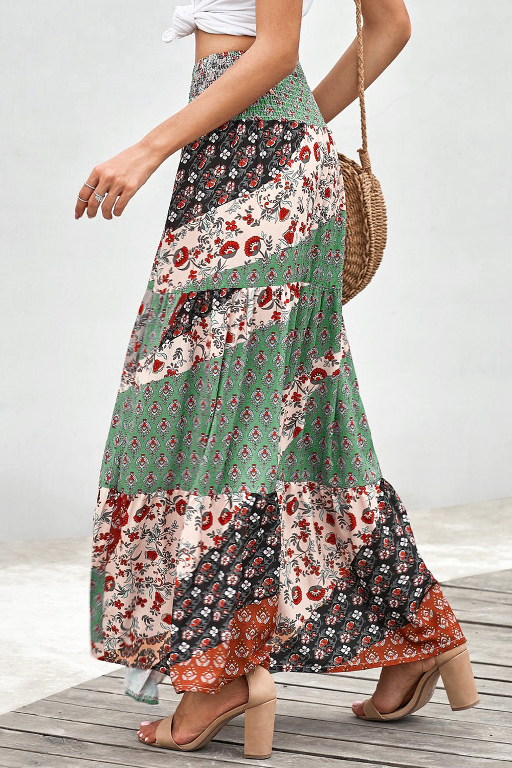 Womens Multicolor Boho Print Tie-Up Waist Long Maxi Skirt Image 6