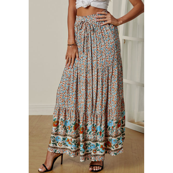 Womens Multicolor Boho Floral Print Elastic High Waist Pleated A Line Maxi Skirt Image 4
