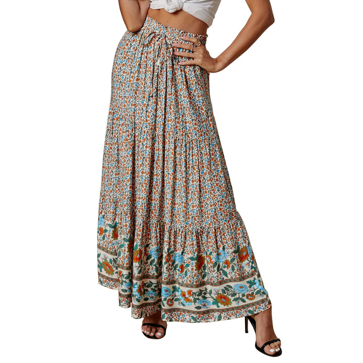 Womens Multicolor Boho Floral Print Elastic High Waist Pleated A Line Maxi Skirt Image 6