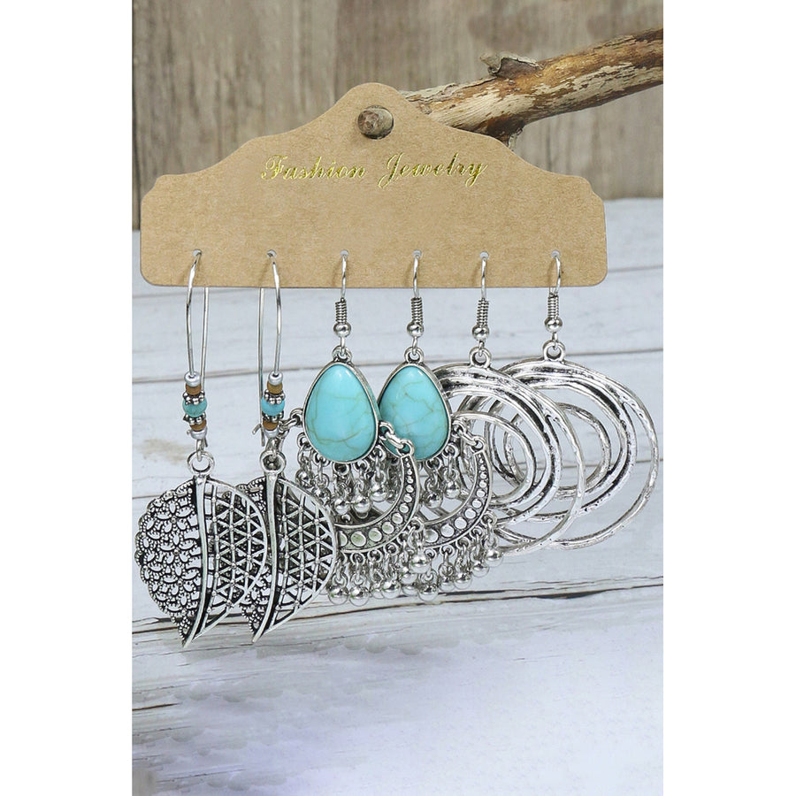 Womens Silver Boho Turquoise Leaves Drop Earrings Set Image 1