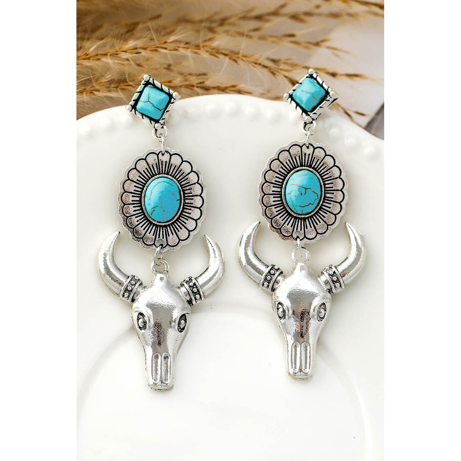 Womens Silver Turquoise Gem Stone Flower Steer Head Boho Earrings Image 1