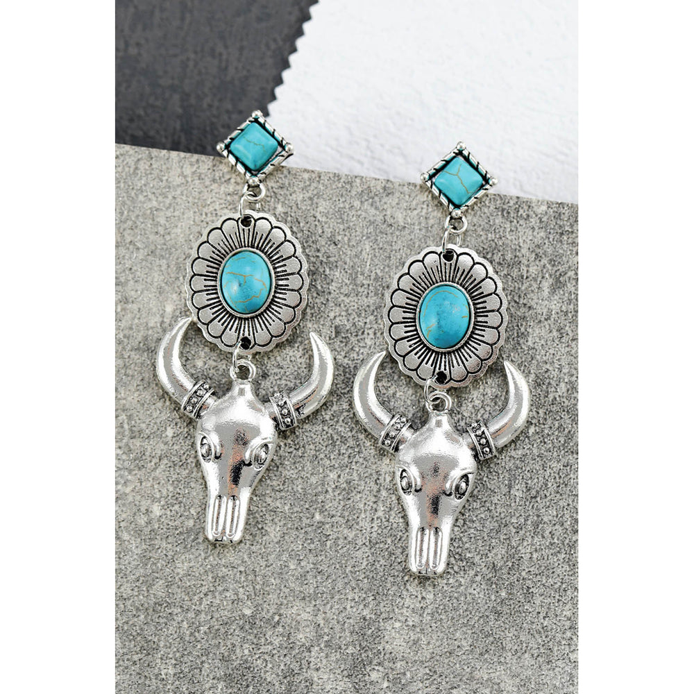 Womens Silver Turquoise Gem Stone Flower Steer Head Boho Earrings Image 2
