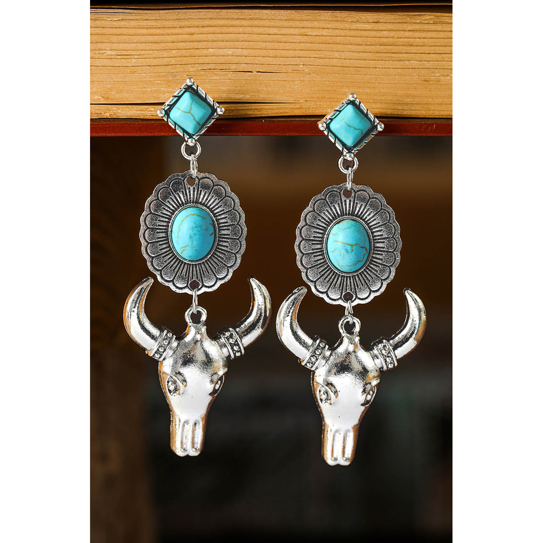 Womens Silver Turquoise Gem Stone Flower Steer Head Boho Earrings Image 3
