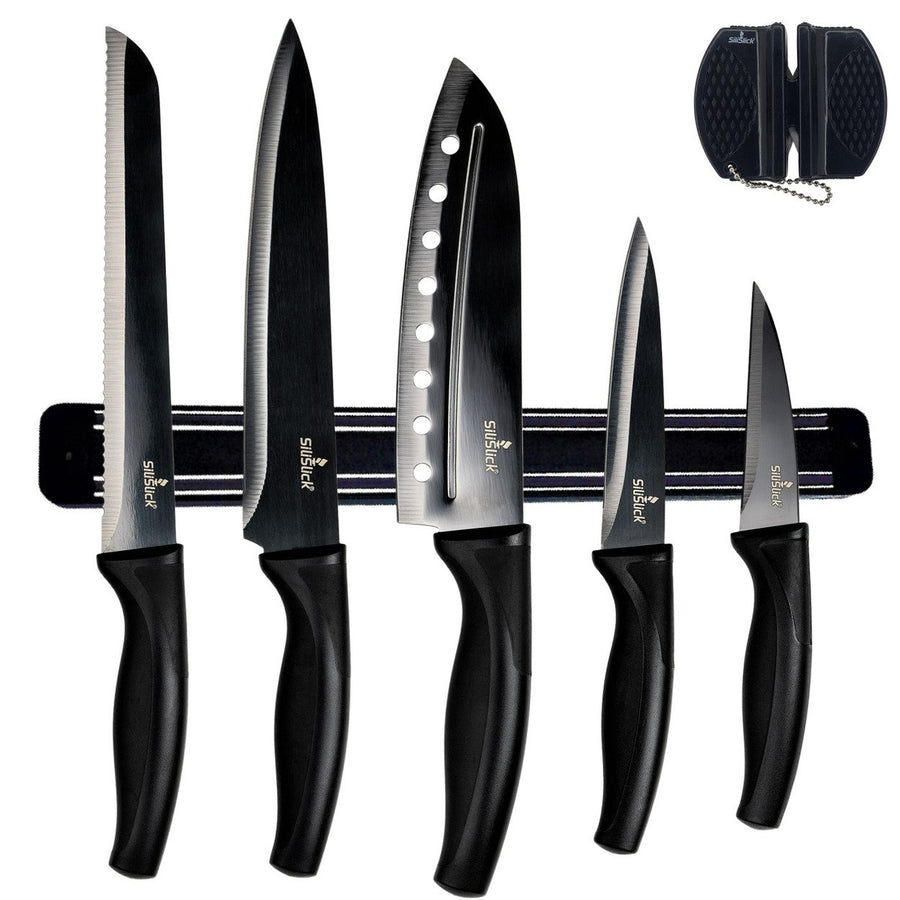 Kitchen Knife Set Kit  Black HandleBlack Blade and Black Magnetic Rack Image 1