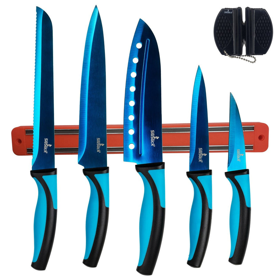 Kitchen Knife Set Kit  Blue HandleBlue Blade and Red Magnetic Rack Image 1
