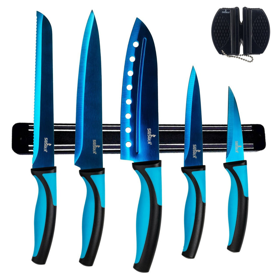 Kitchen Knife Set Kit  Blue HandleBlue Blade and Black Magnetic Rack Image 1