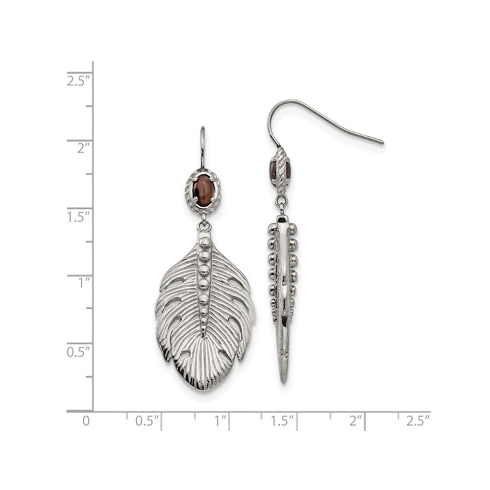 Stainless Steel Dangle Feather Earrings with Smoky Quartz Image 2