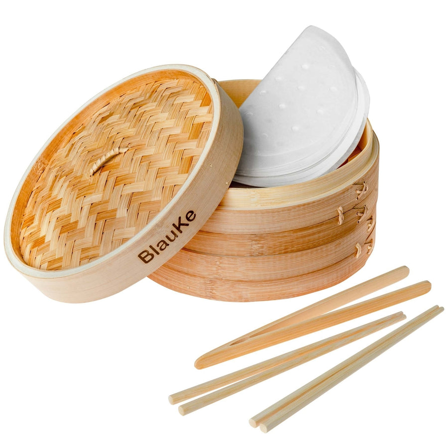 Bamboo Steamer for Cooking DumplingsVegetablesMeatFishRice - Bamboo Steamer Basket 10 Inch with ChopsticksTongs and 50 Image 1