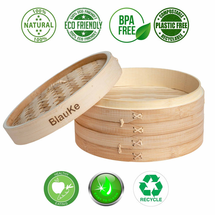 Bamboo Steamer for Cooking DumplingsVegetablesMeatFishRice - Bamboo Steamer Basket 10 Inch with ChopsticksTongs and 50 Image 3