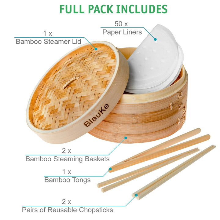 Bamboo Steamer for Cooking DumplingsVegetablesMeatFishRice - Bamboo Steamer Basket 10 Inch with ChopsticksTongs and 50 Image 4
