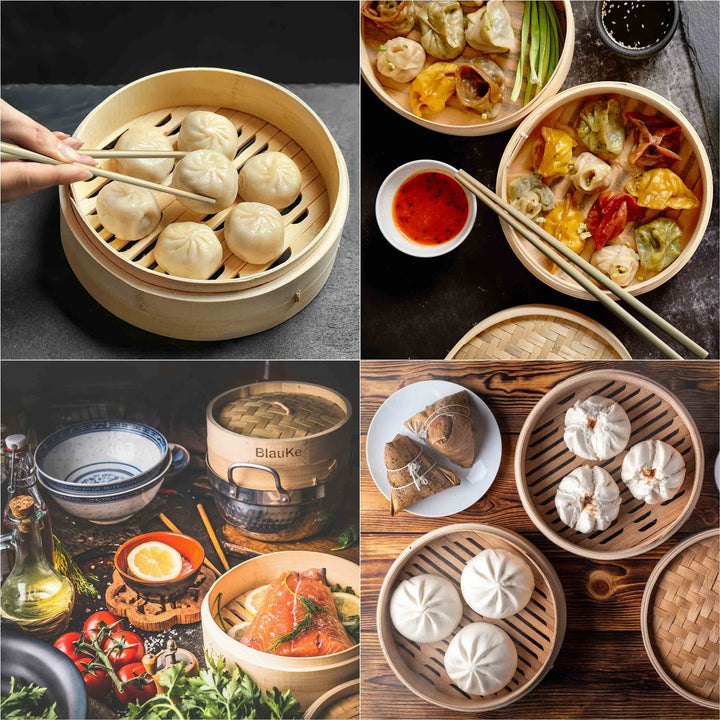 Bamboo Steamer for Cooking DumplingsVegetablesMeatFishRice - Bamboo Steamer Basket 10 Inch with ChopsticksTongs and 50 Image 6