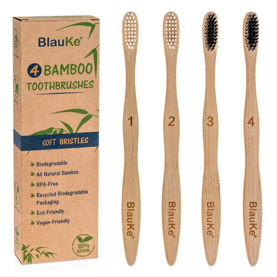 Bamboo Toothbrush Set 4-Pack - Bamboo Toothbrushes with Soft Bristles for Adults - Eco-FriendlyBiodegradableNatural Image 1