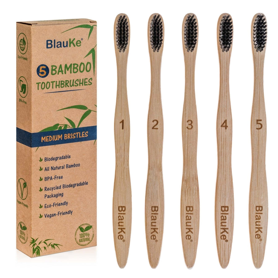 Bamboo Toothbrush Set 5-Pack - Bamboo Toothbrushes with Medium Bristles - Eco-Friendly Wooden Toothbrushes with Black Image 1