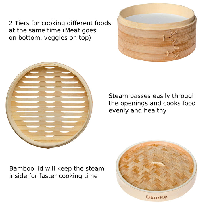 Bamboo Steamer for Cooking DumplingsVegetablesMeatFishRice - Bamboo Steamer Basket 10 Inch with ChopsticksTongs and 50 Image 7