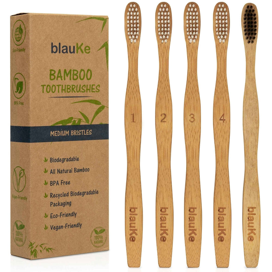 Bamboo Toothbrush Set of 5 - Bamboo Toothbrushes with Medium Bristles for Adults - Eco-FriendlyBiodegradableNatural Image 1