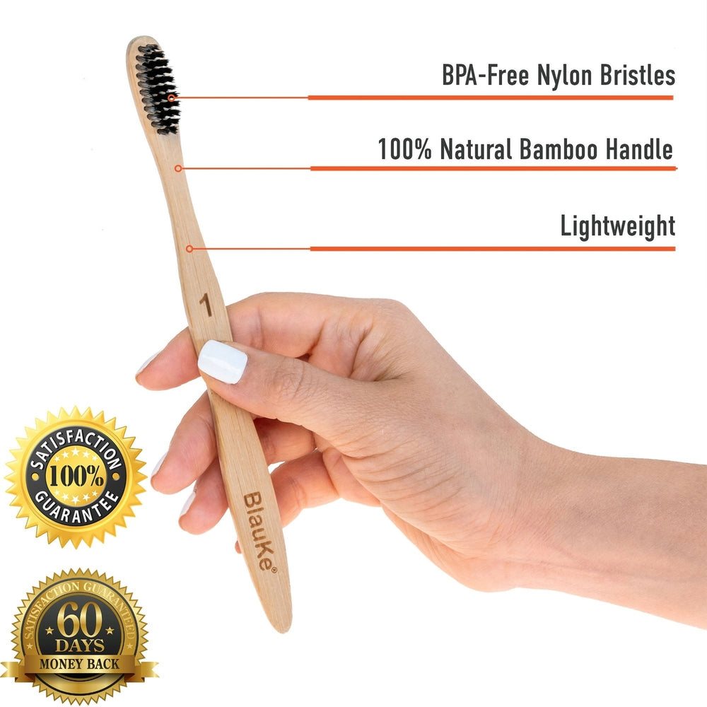 Bamboo Toothbrush Set 5-Pack - Bamboo Toothbrushes with Medium Bristles - Eco-Friendly Wooden Toothbrushes with Black Image 2