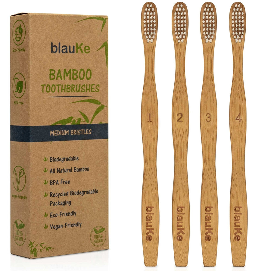 Bamboo Toothbrush Set of 4 - Bamboo Toothbrushes with Medium Bristles for Adults - Eco-FriendlyBiodegradableNatural Image 1