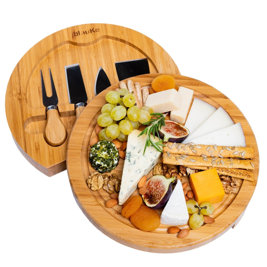 Bamboo Cheese Board and Knife Set - 10 Inch Swiveling Charcuterie Board with Slide-Out Drawer Image 1
