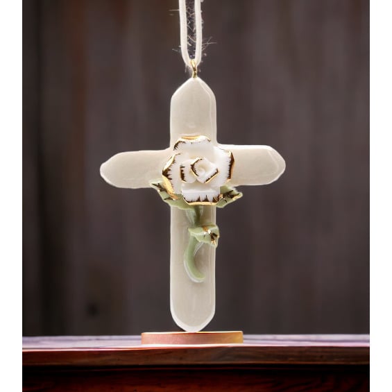 Ceramic Mini White Rose Cross with Golden Accents Religious DcorReligious GiftChurch Dcor, Image 2