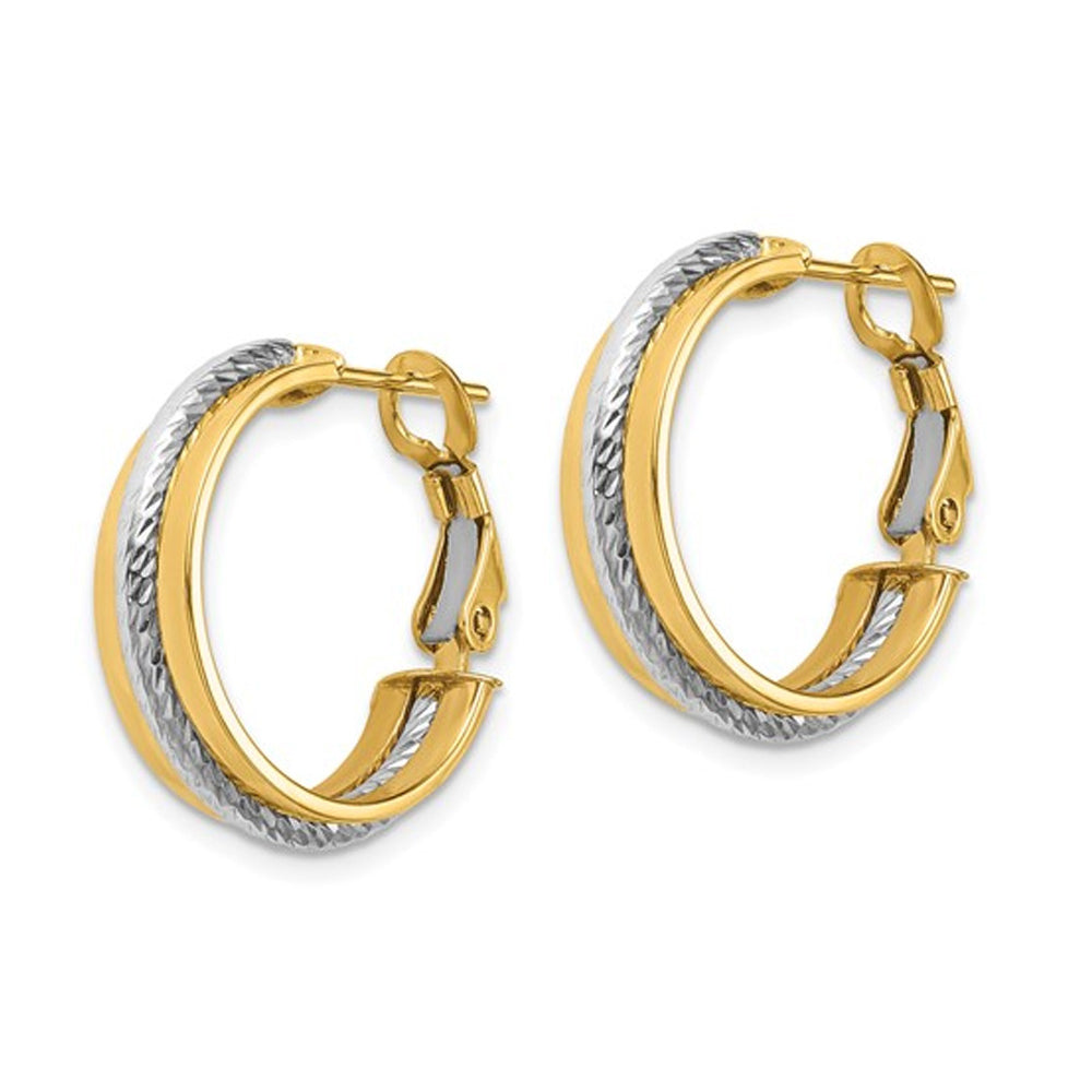 14K Yellow and White Gold Polished Diamond-Cut Hoop Earrings Image 3