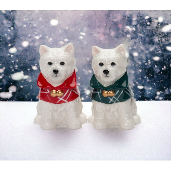 Ceramic Westie Dogs with Winter Capes Salt and Pepper ShakersHome DcorKitchen DcorChristmas Dcor Image 1