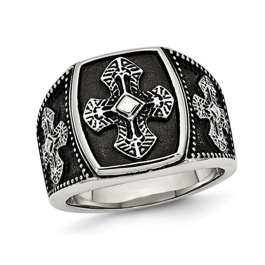 Mens Textured Antiqued Cross Ring in Stainless Steel Image 1
