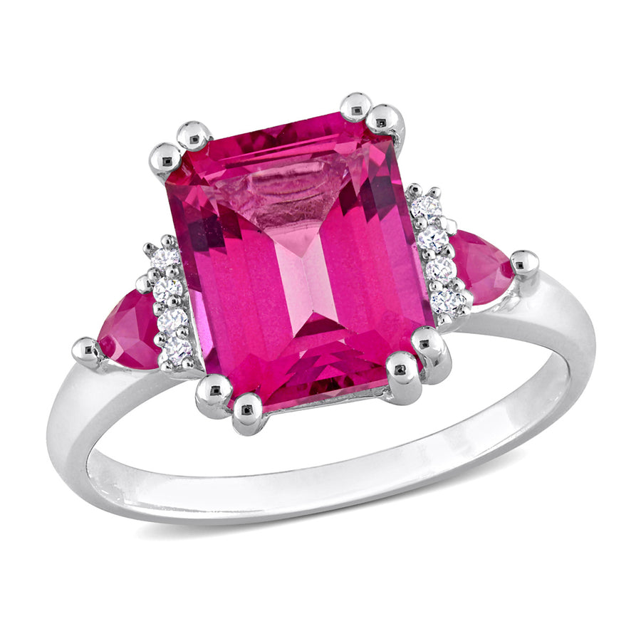 4.50 Carat (ctw) Pink Topaz and Ruby Three Stone Ring in Sterling Silver Image 1