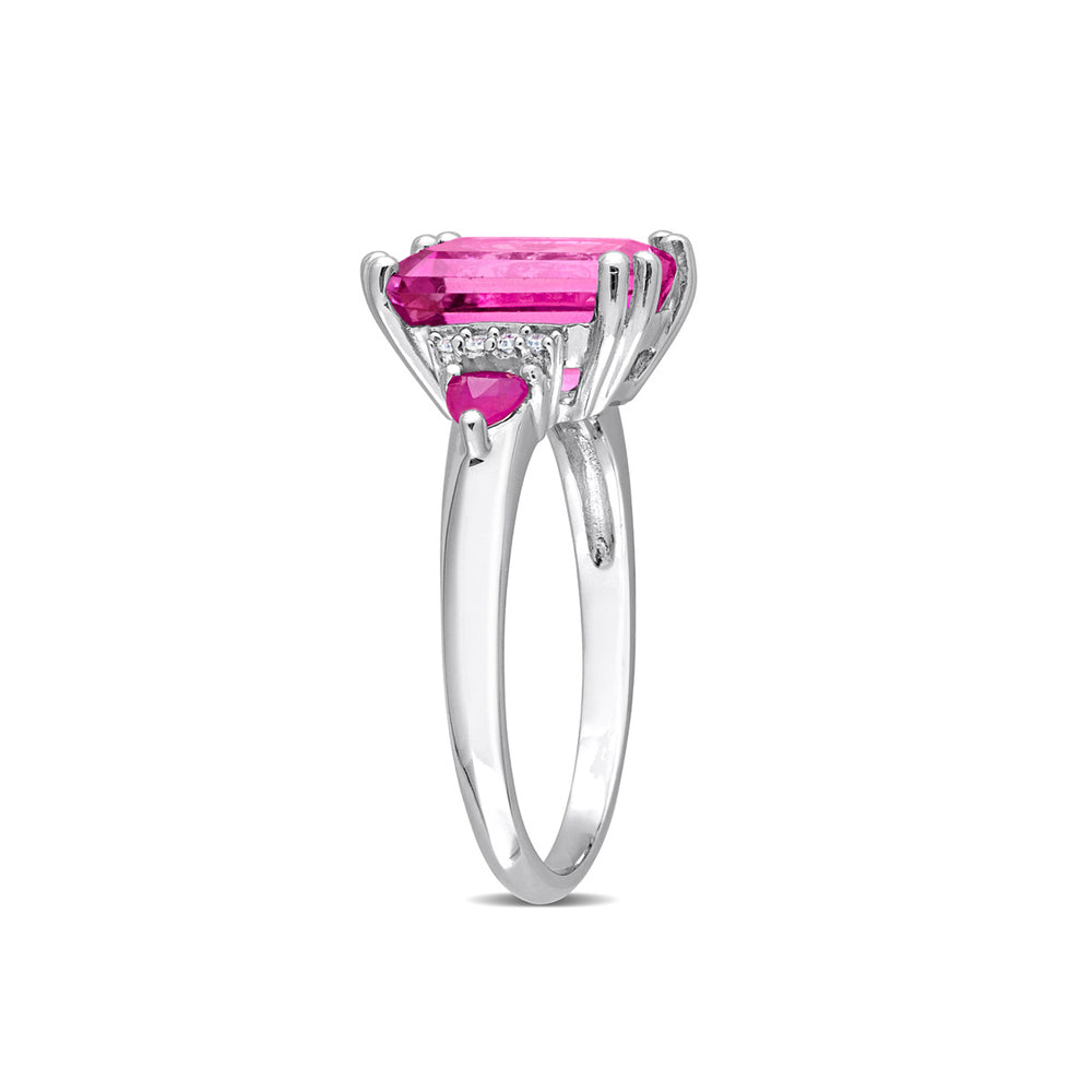 4.50 Carat (ctw) Pink Topaz and Ruby Three Stone Ring in Sterling Silver Image 2