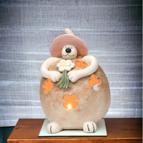 Clay Fat Cat Holding Flowers Tealight Candle HolderHome DcorKitchen Dcor, Image 2