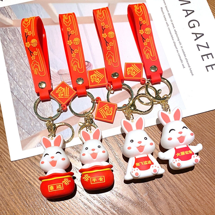 Rabbit Key Chain  Year Zodiac Mascot Best Wishes Red Decorate Flower Print School Bag Bunny Key Pendant Gift Image 1