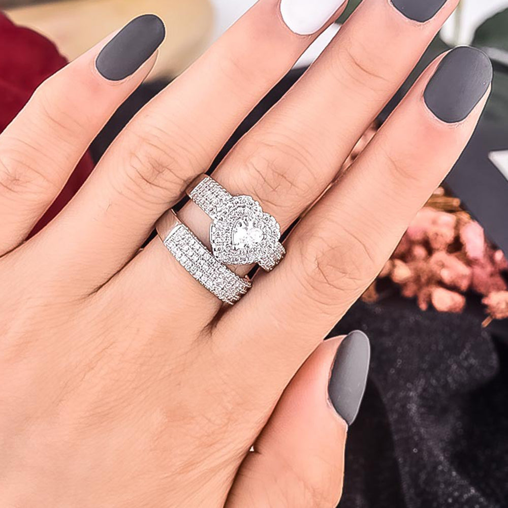 2Pcs/Set Bridal Rings Rhinestone Shiny Luxury Geometric Exquisite Jewelry Gift Charming Lover Heart Shape Promise Rings Image 2