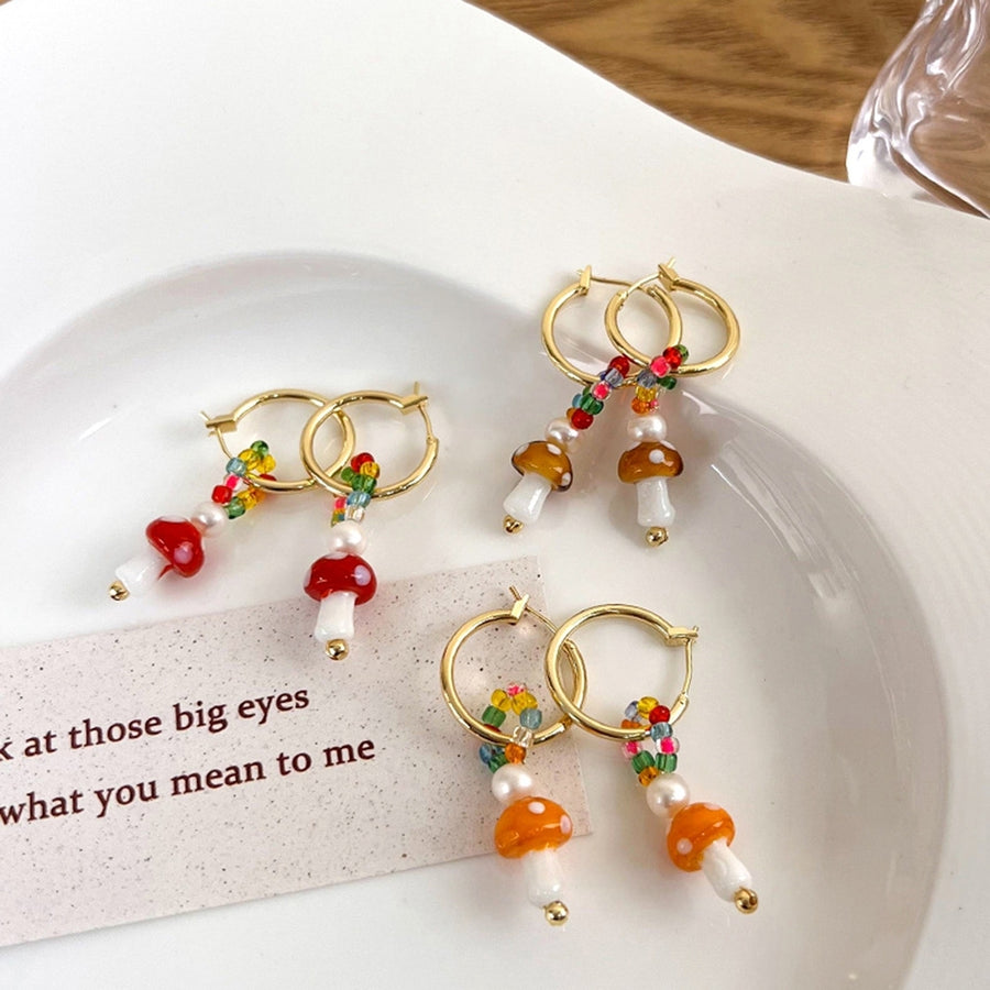 1 Pair Women Earrings Mushroom Faux Glaze Alloy Korean Style Colorful Dangle Earrings for Daily Wear Image 1