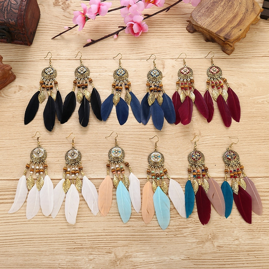 2Pcs Dangle Earrings Round Unique Design Trendy Eye-catching Delicate Valentine Day Gift Metal Long Feather Lady Image 1