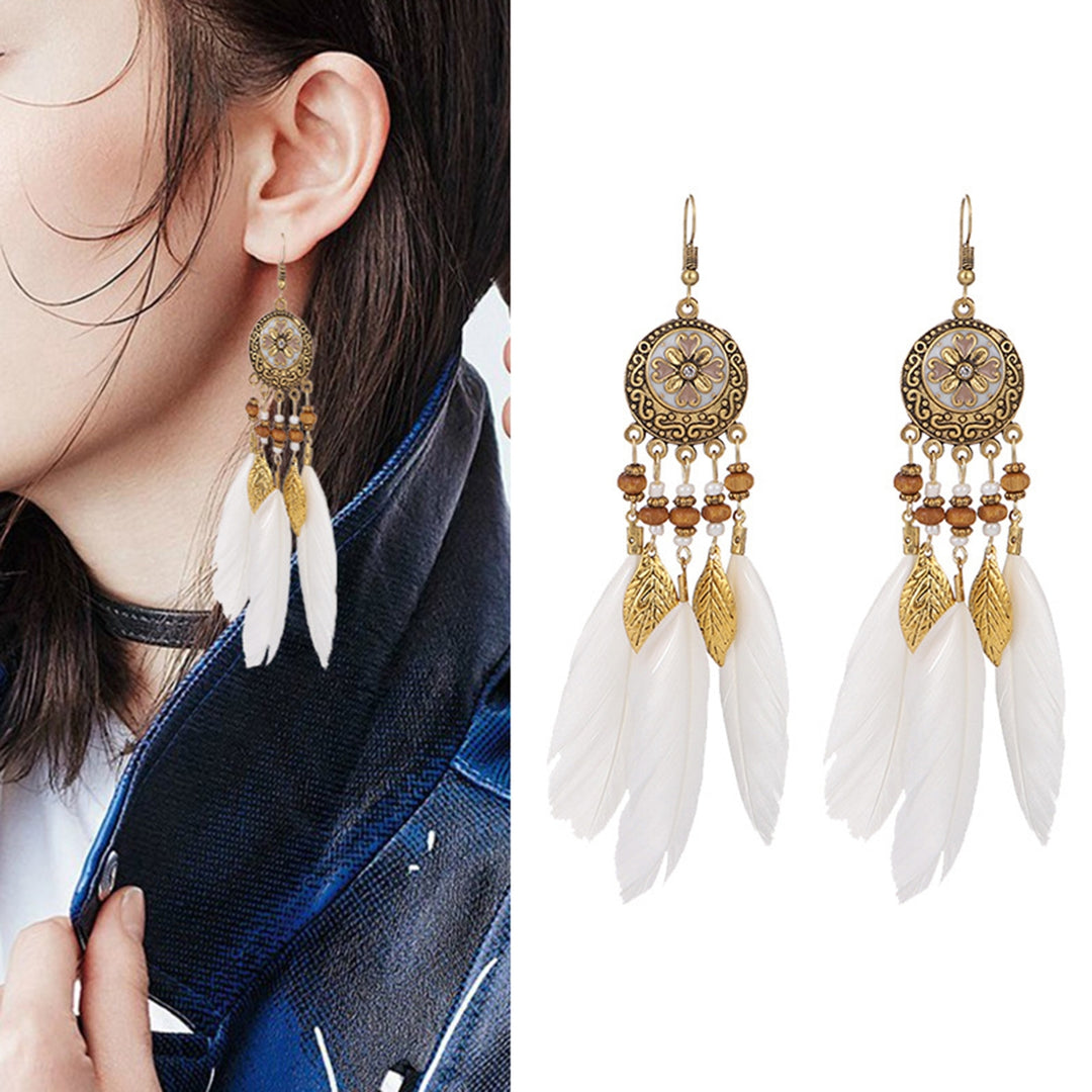 2Pcs Dangle Earrings Round Unique Design Trendy Eye-catching Delicate Valentine Day Gift Metal Long Feather Lady Image 8