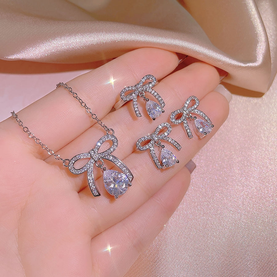 Women Necklace Bow Rhinestones Jewelry Sparkling Bright Luster Ring Earrings Necklace Jewelry Gifts Image 1