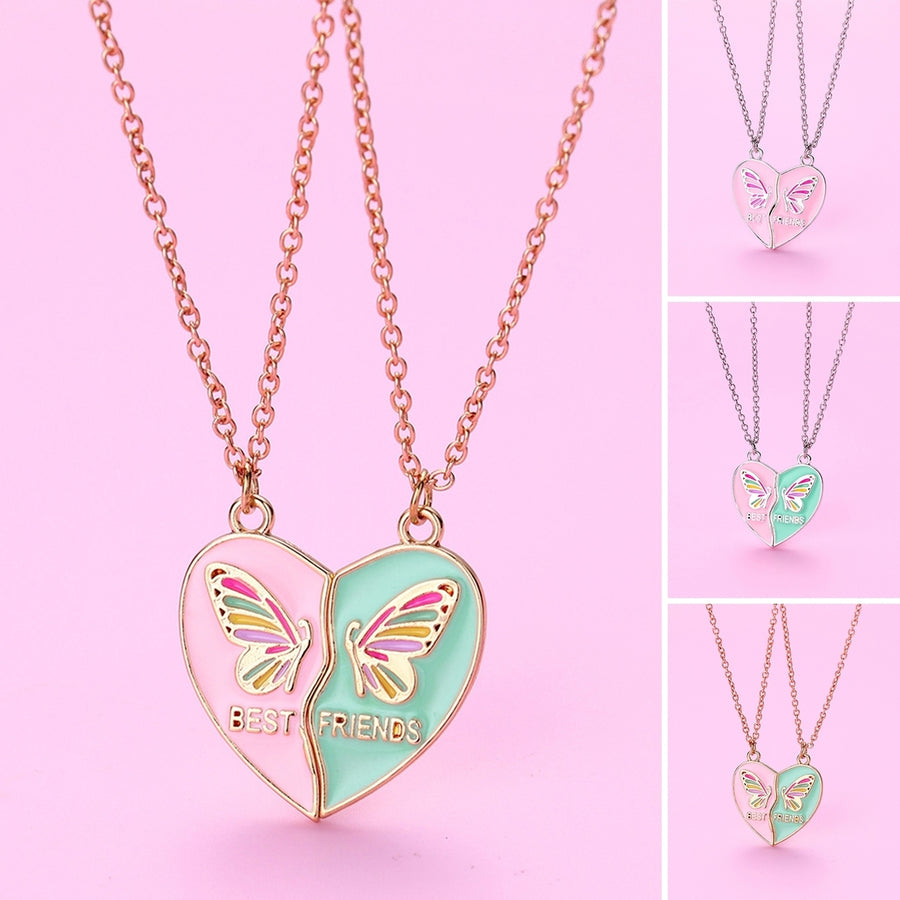 1 Pair Women Necklace BEST FRIENDS Oil-dripping Butterflies Magnetic Double Chain Splicing Love Heart Kids Clavicle Image 1